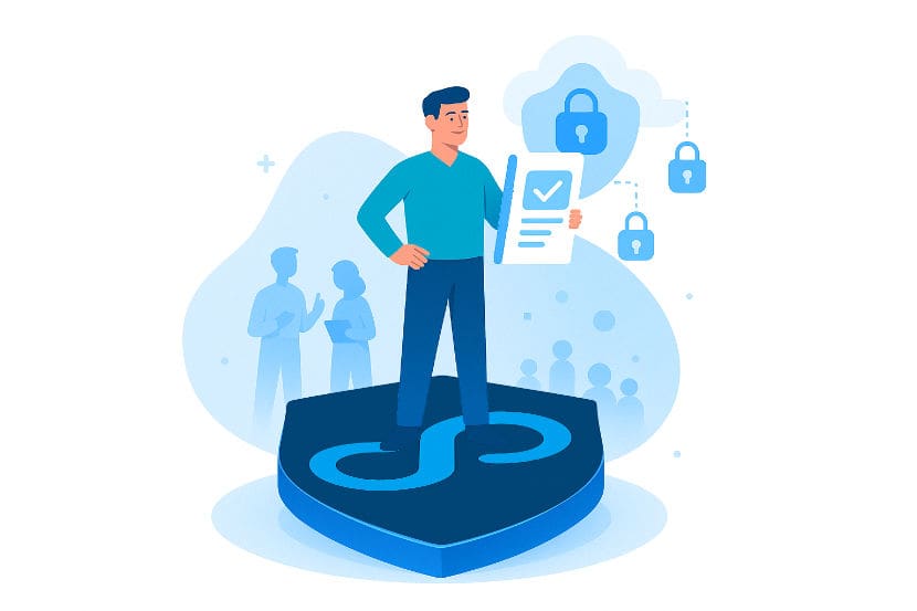 Become-a-Comply-Press-Partner A compliance specialist standing on the Comply.Press logo proud of making a smart choice advising their clients to use Comply.Press