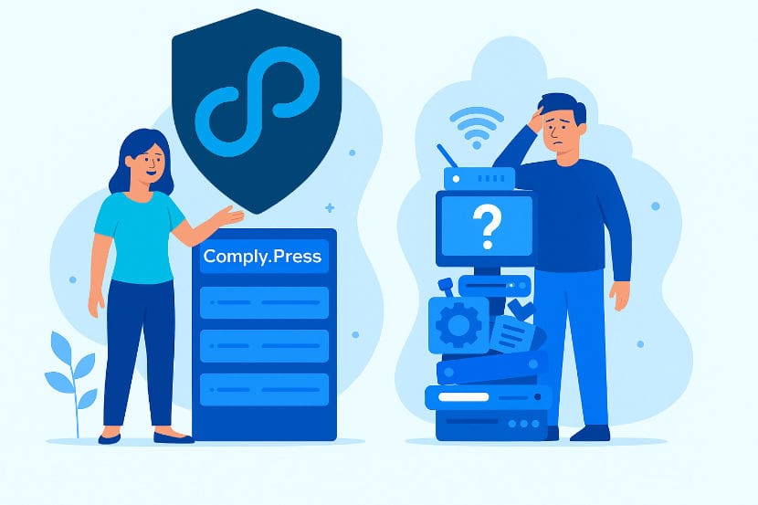 Comply-Press-vs-Frankenstack A confident woman standing beside a platform powered by Comply.Press vs a frustrated and scared man standing beside a "Frankenstack"