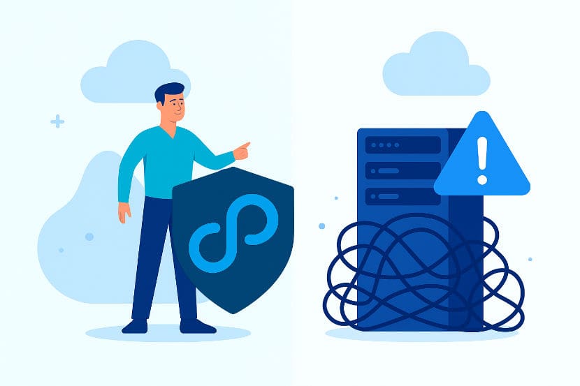 Comply-Press-vs-Managed-WordPress A man stands behind a Comply.Press logo shield versus a standard server stack in error behind a tangle of wires.