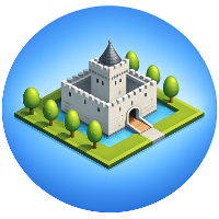 Gray castle surrounded by a moat inside a blue circle representing verifiable authority artifacts and a compounding trust footprint