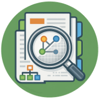 Flat vector icon representing semantic topical authority and intent mapping, showing interconnected nodes forming expertise clusters within a circular badge.