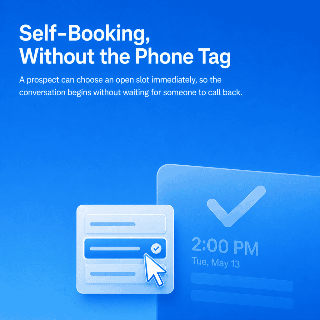self-booking-slot-selection-card.jpg A pointer selecting one open time slot from a small set of choices, overlapping a much larger confirmed calendar time-block behind it, set on a smooth blue field with a short heading and sentence at the top.