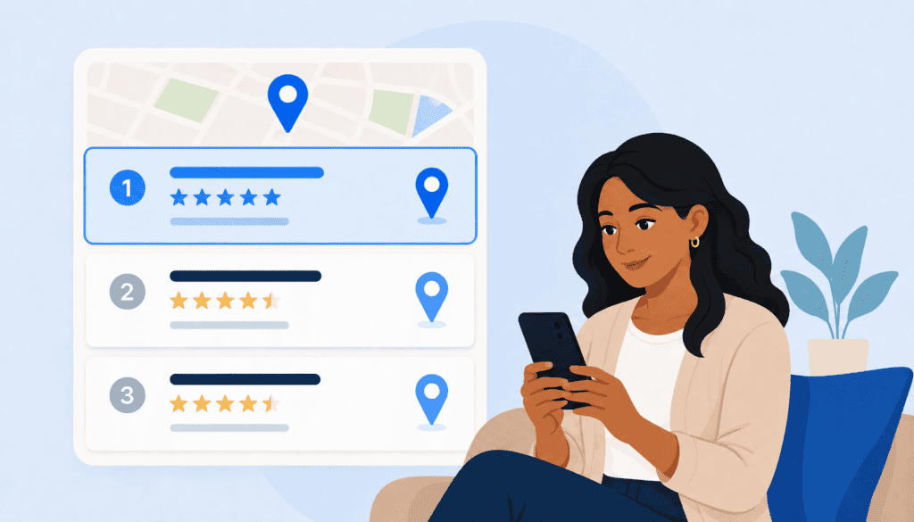 A smiling mom on the lower left holds her phone while a large three-card map-pack panel with rating stars and a pin marker glows behind her, its top card highlighted.