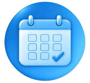 A calendar with a bold teal checkmark over a date cell, set against a circular gradient background in deep navy and teal.