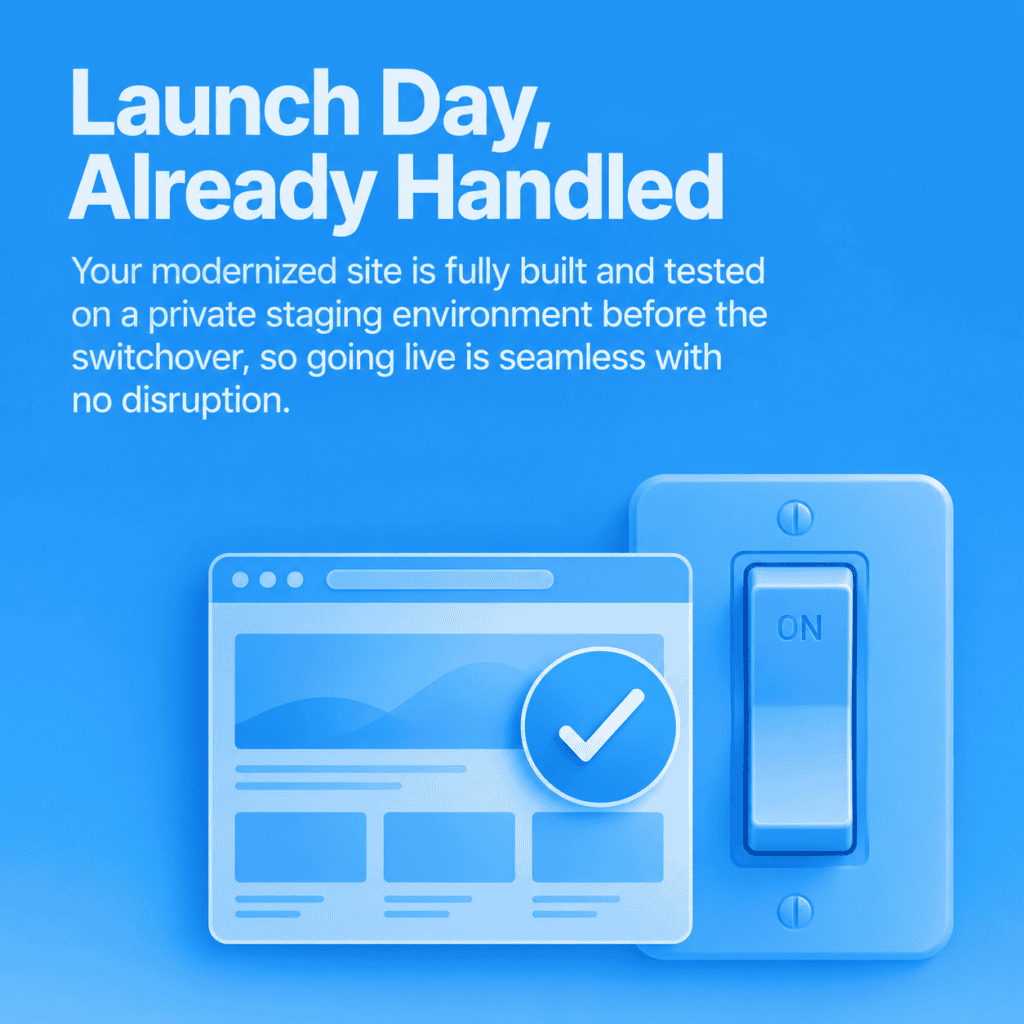 launch-already-handled-toggle-verified-site.jpg A compact browser frame bearing a green verified checkmark overlaps the left side of an oversized completed toggle switch on a smooth blue field.