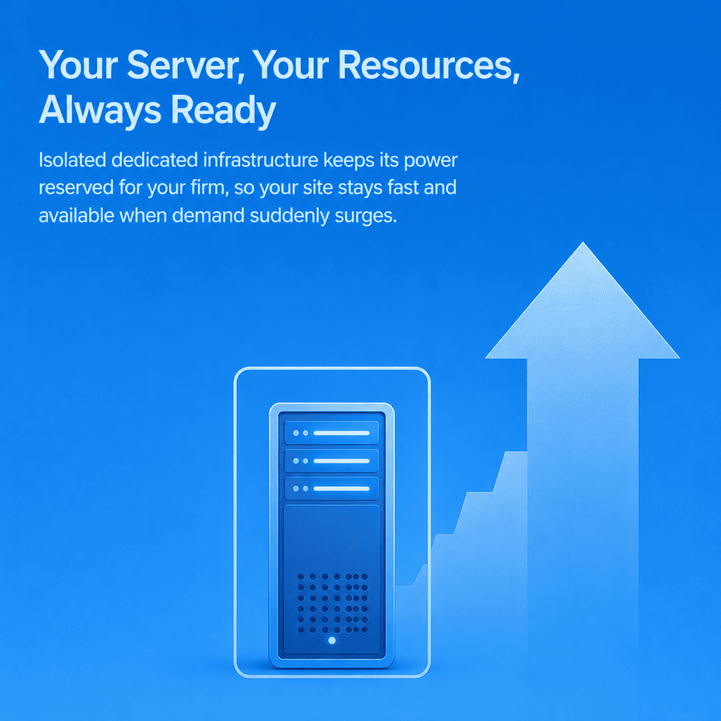 isolated-dedicated-server-full-strength-meter.jpg A single server unit inside a slim frame with a steady rising line, overlapping the left side of a large signal-strength meter reading at full height, on a smooth blue field.