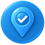 A central hub node with three spokes connecting to a map pin, a star, and a chat bubble, set against a circular gradient background in deep navy and teal.