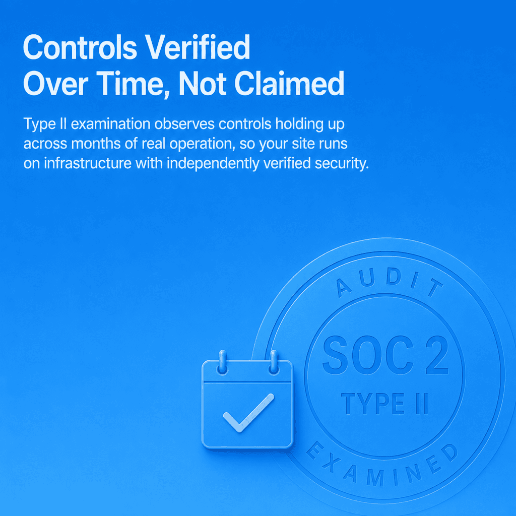 soc2-type-ii-verified-over-time-seal.jpg A checkmark completing along a horizontal duration bar in front of a large partly cropped circular audit seal-mark, all rendered in shades of blue.