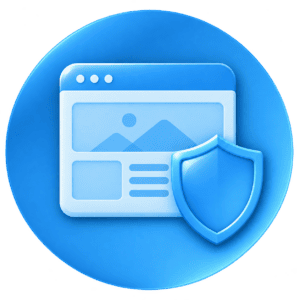 A website layout frame with a shield overlapping its lower-right corner, set against a circular gradient background in deep navy and teal.