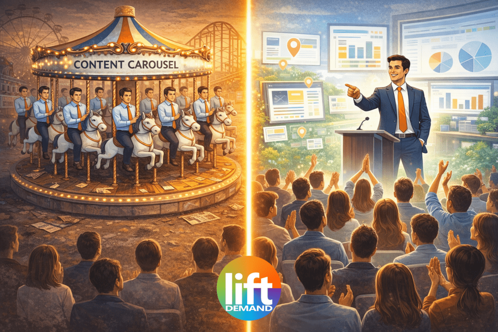 authorityoxygen-vs-content-carousel-ai-era-authority-system Split illustration showing identical professionals trapped on a content carousel contrasted with a single authority figure addressing an engaged consumer audience